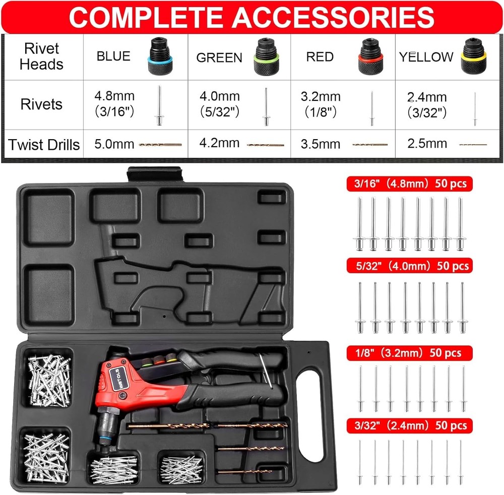 Rivet Tool with 4 Heads, 200 Rivets and Durable Carrying Case for DIY Projects