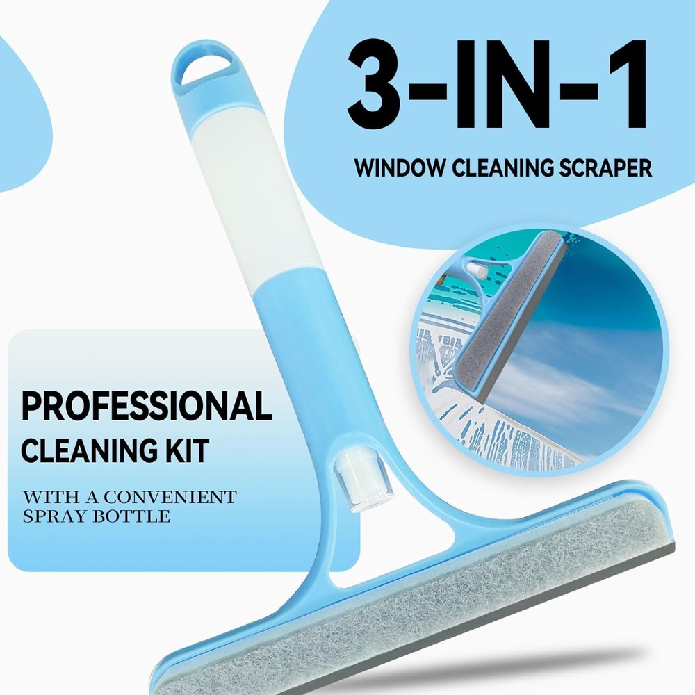 3 in 1 Window Cleaning Scraper Squeegee Brush Tool Blue