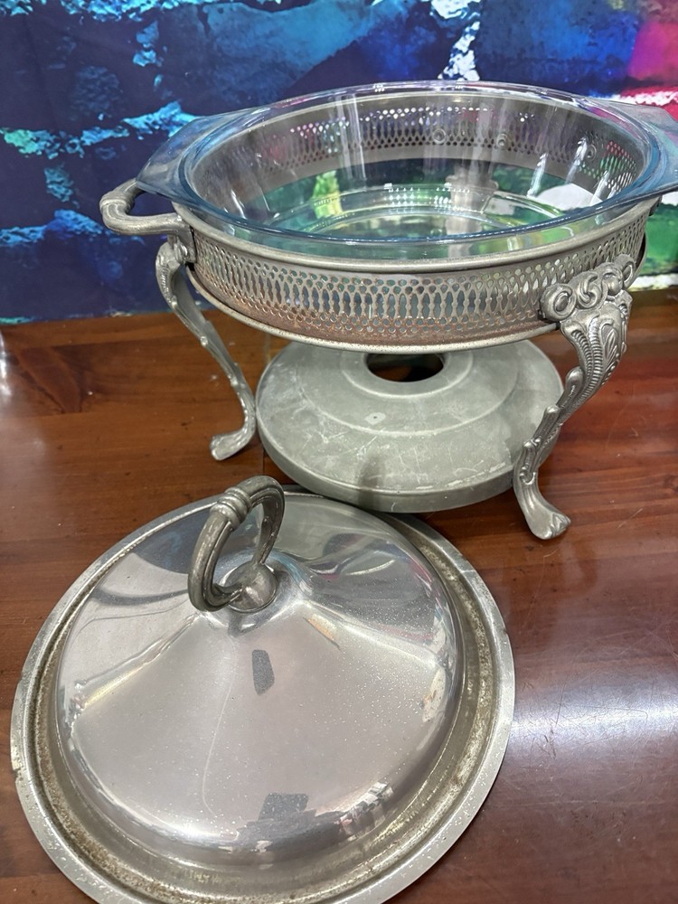 Vtg. Silver-plated Buffet Chaffing Serving Dish With Warmer Glass Insert