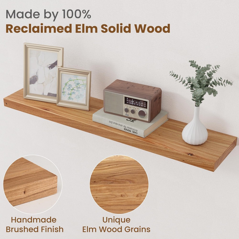 Floating Shelves for Wall Decor, 8" Deep Rustic Solid Elm Wood Floating Shelv...