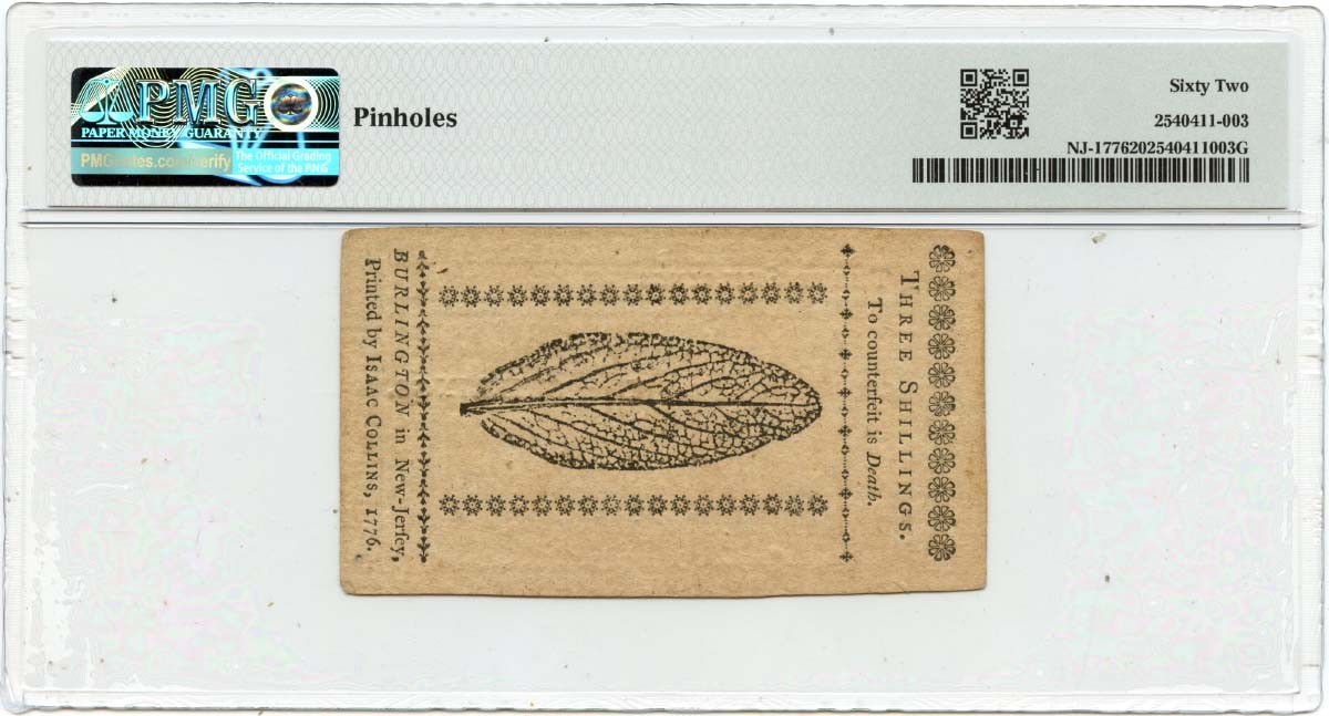 1776 March 25, 3 Shillings New Jersey Colonial Note FR#NJ-177 PMG UNC 62