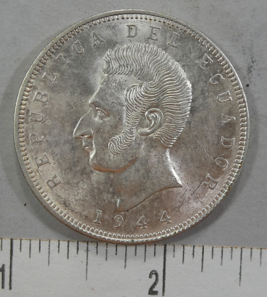 Republic Ecuador 1944 Cinco Sucres Silver