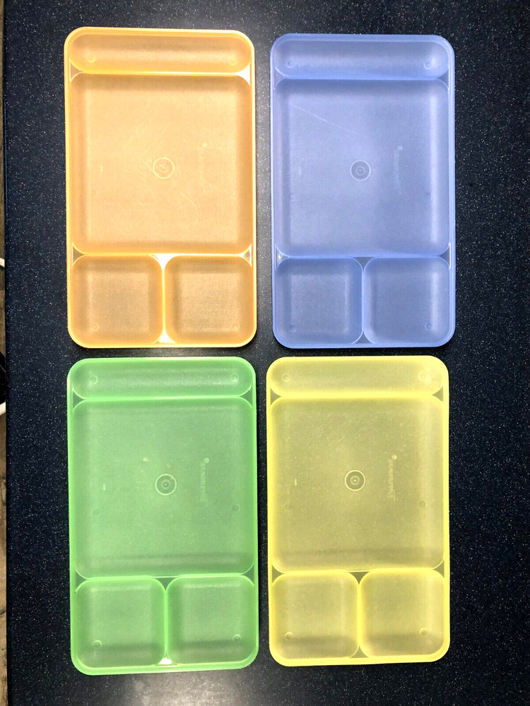 4 RETRO COLORED TUPPERWARE PLASTIC DIVIDED TRAY LUNCH TV STACKABLE CAMPING