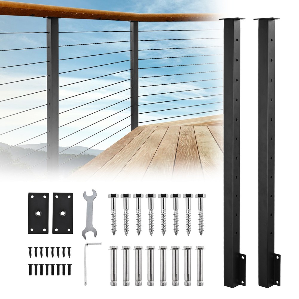 4 Pack Side Mount Stair Cable Railing Post 44"x2"x2" Level Drilled Post Black