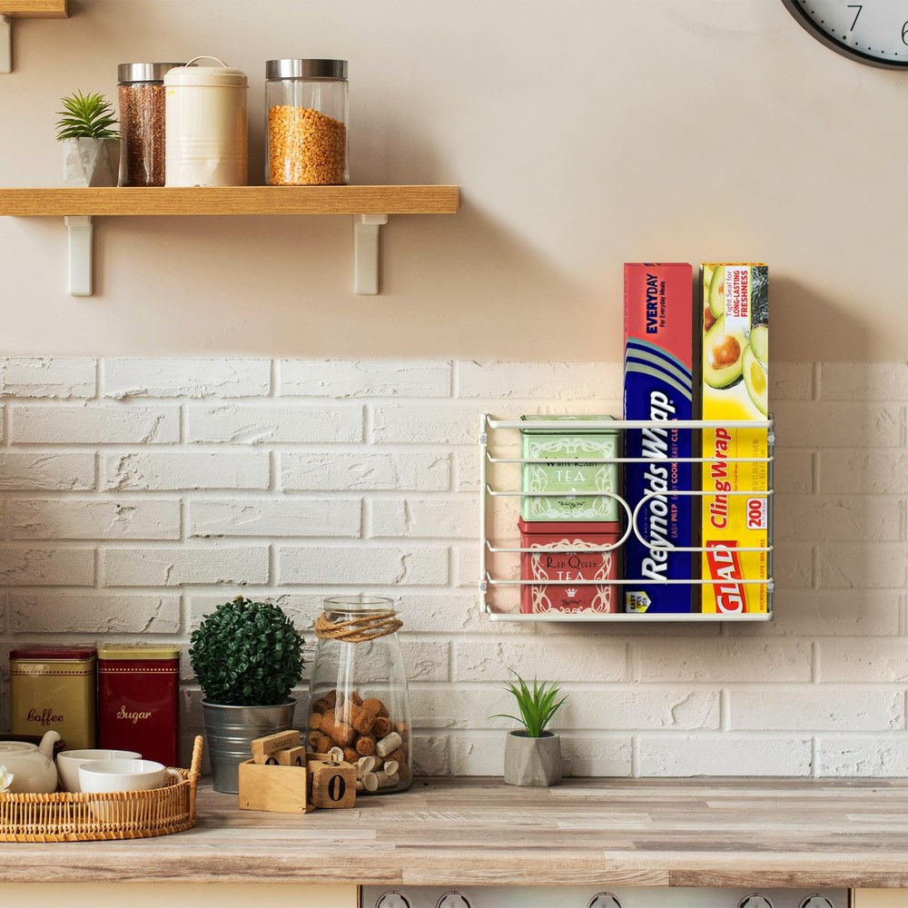 Wall Mount Wrap Organizer Kitchen Storage Rack White Metal