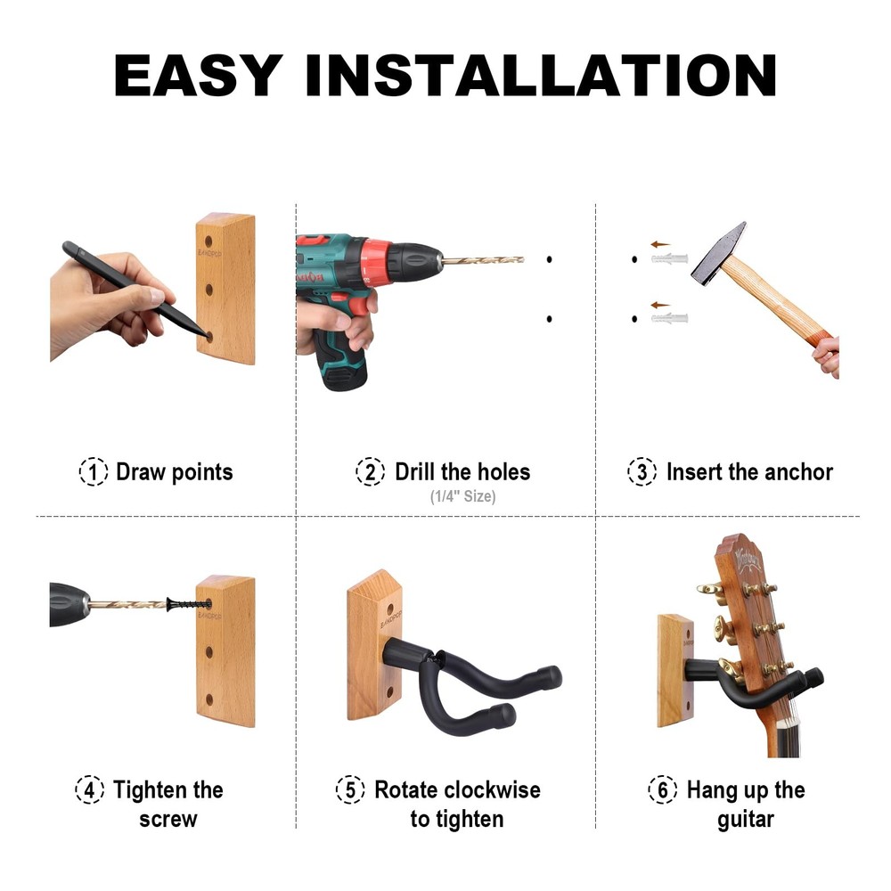 Bandpop Guitar Wall Mount 4 Pack - Solid 2 Pack, Nature Beech Wood 4pack