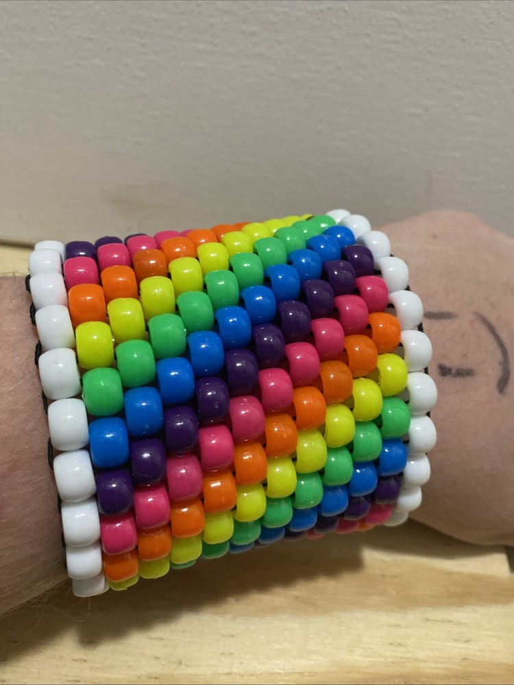 White and Rainbow Kandi Cuff 12 Rows with 24 Beads Around