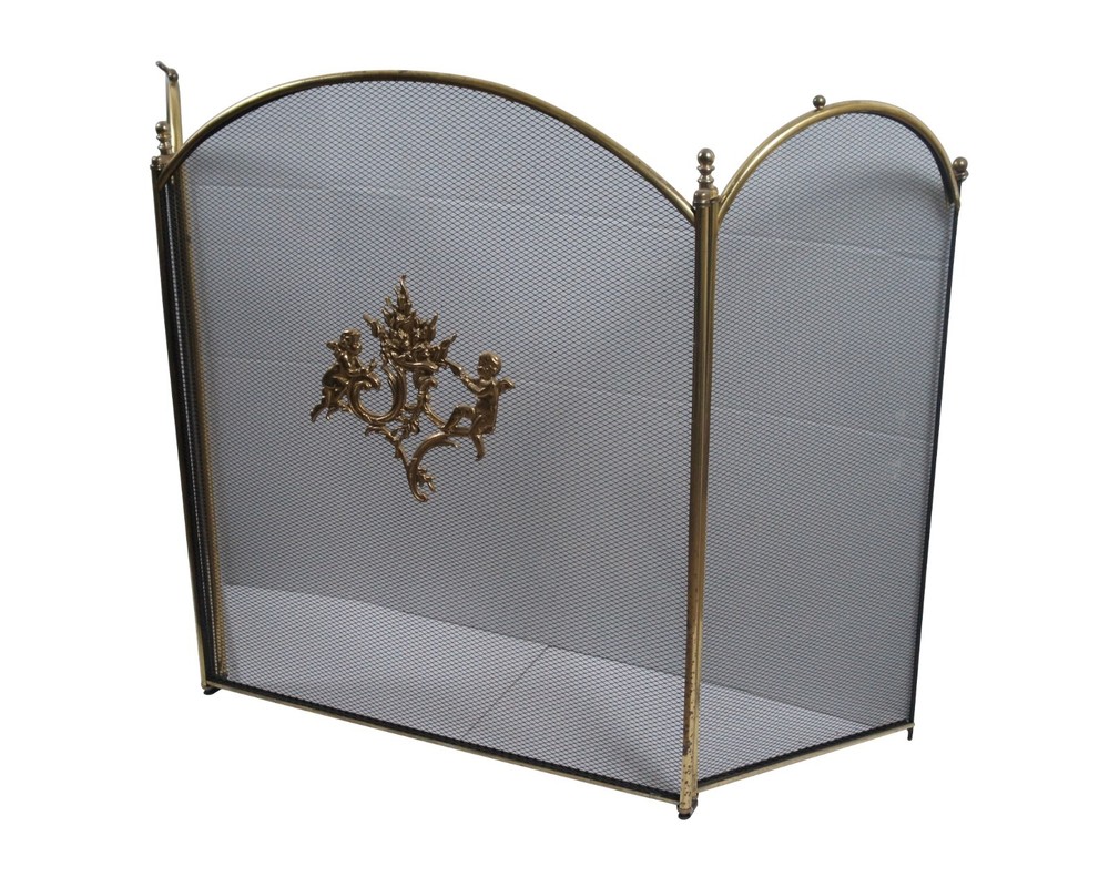 Antique Brass & Mesh 3 Panel Cherub Folding Fireplace Screen Hearthware 50"
