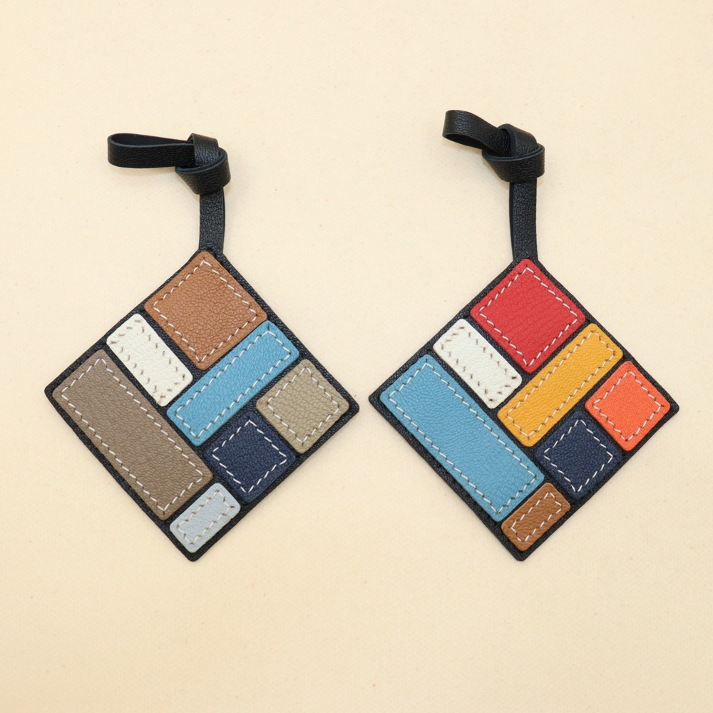 Handcrafted Multicolor Leather Geometric Art Bag Charm, Patchwork Design,Style B