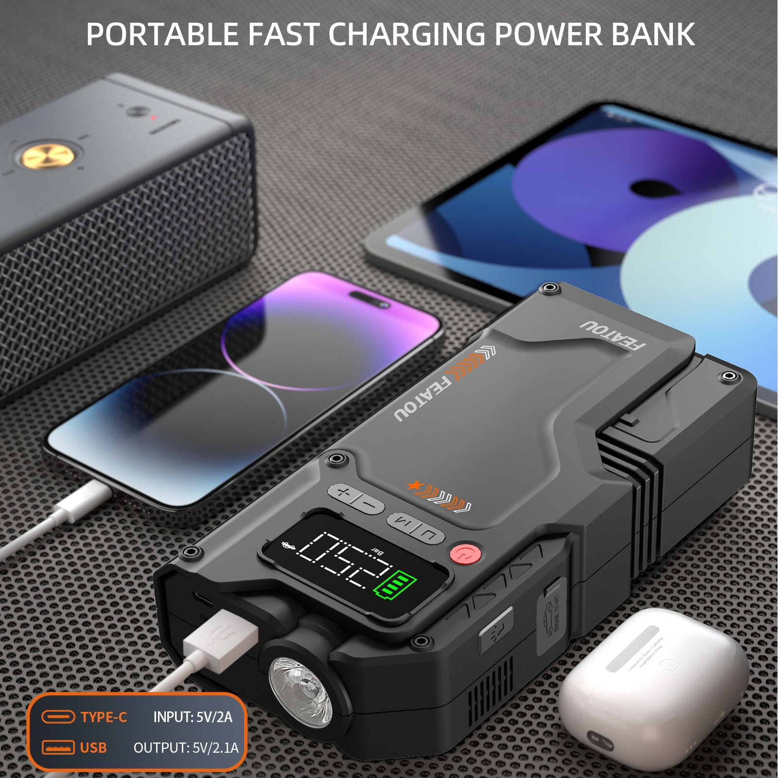 8000A Featou Jump Starter Air Compressor Portable 150PSI Car Battery Booster 12V