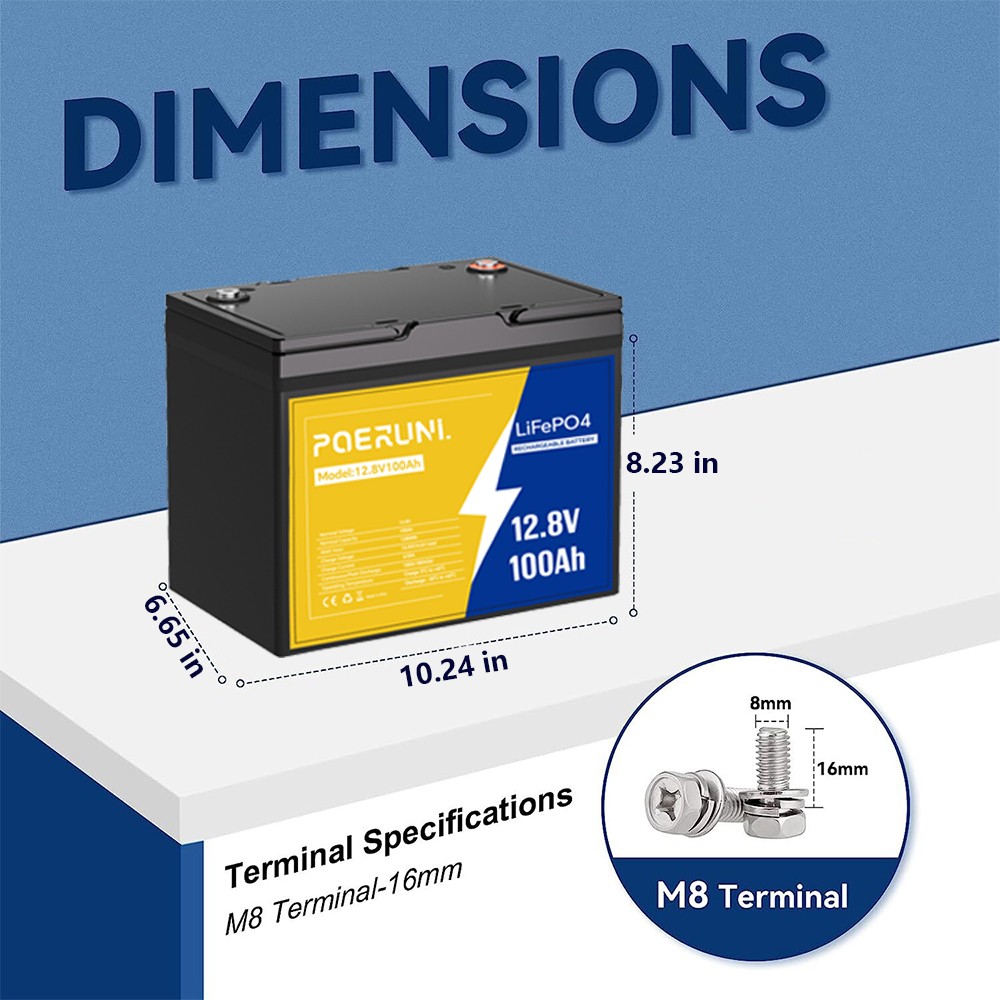 POERUNI 12V 100Ah Lithium LiFePO4 Battery 8000+ Deep Cycle for Solar RV Marine