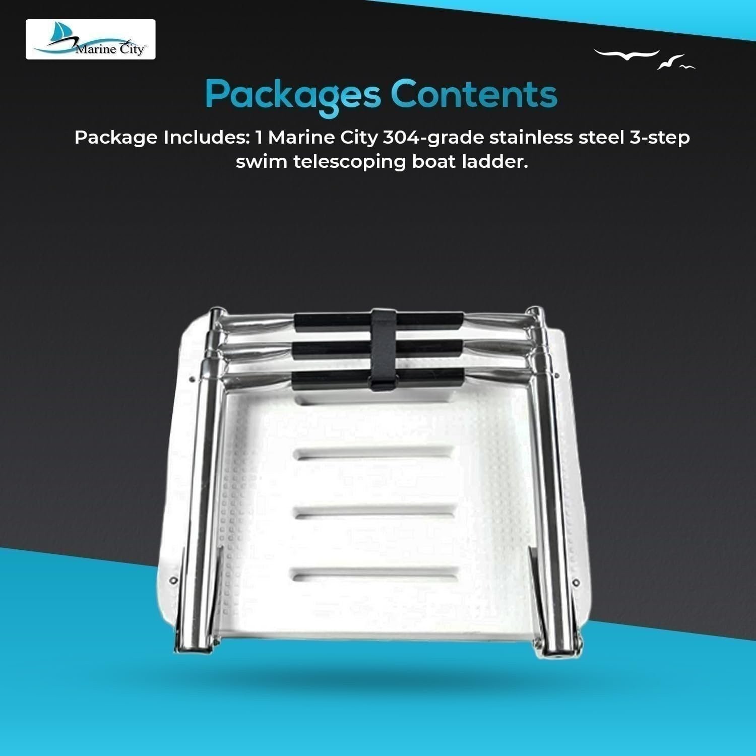 MARINE CITY 304 Stainless Steel 3 Step I/B Swim Platform Telescoping Ladder