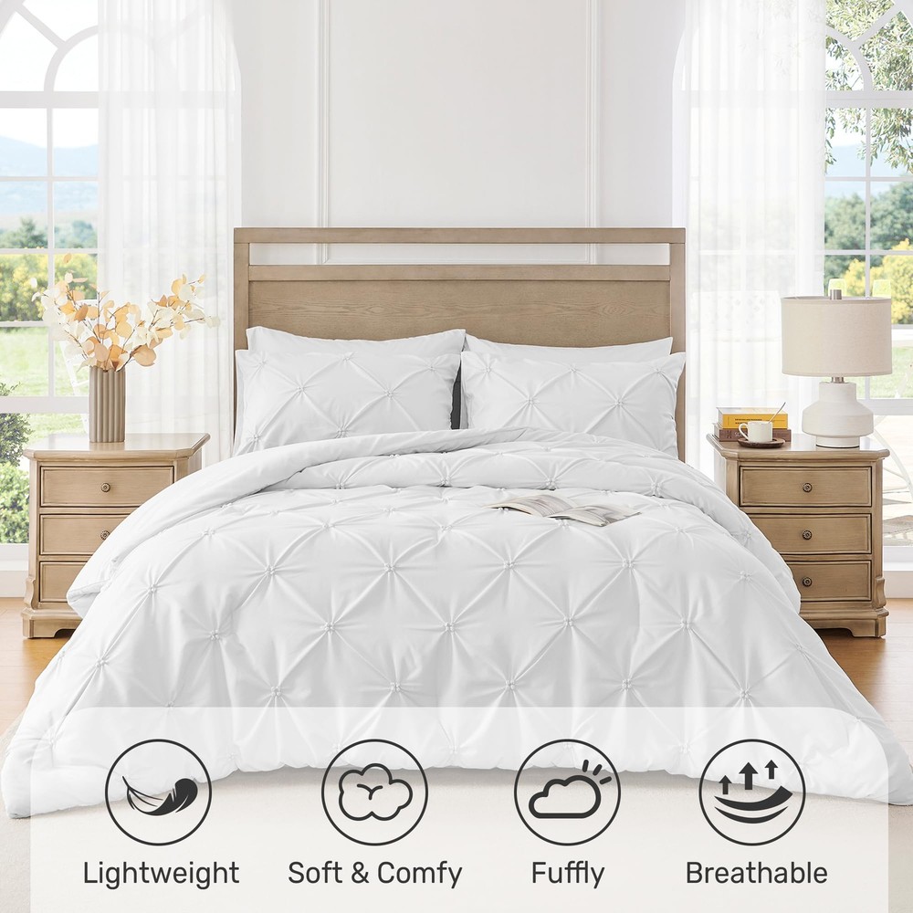 Queen Comforter Set White - Soft Fluffy Pintuck Down Alternative Bedding Set ...