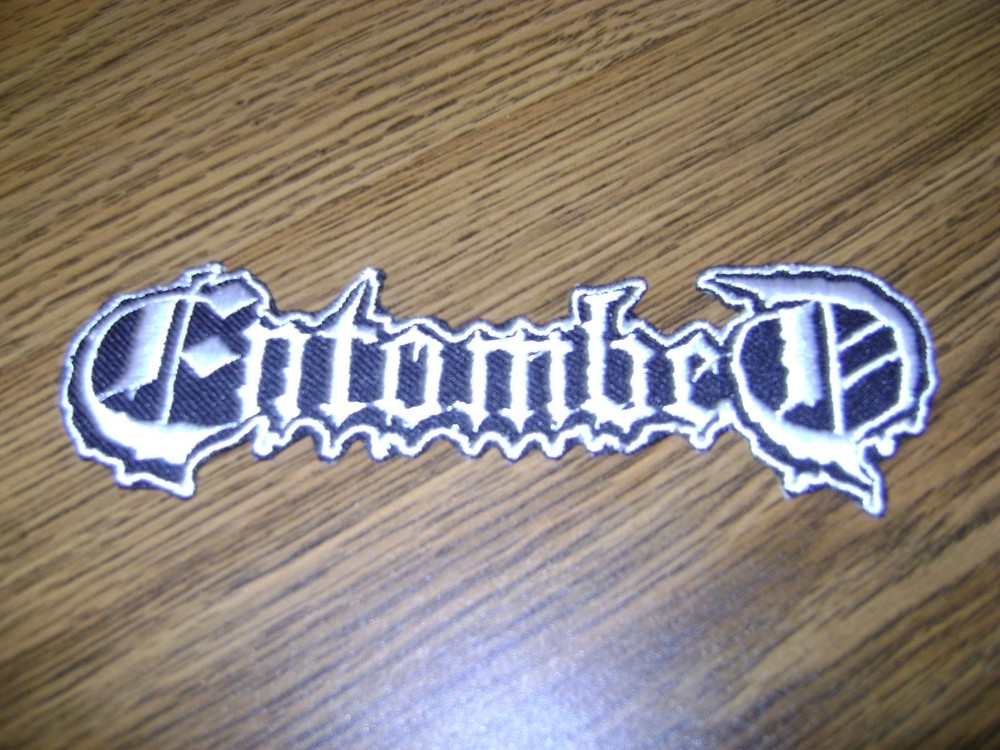 ENTOMBED.IRON ON WHITE EMBROIDERED PATCH