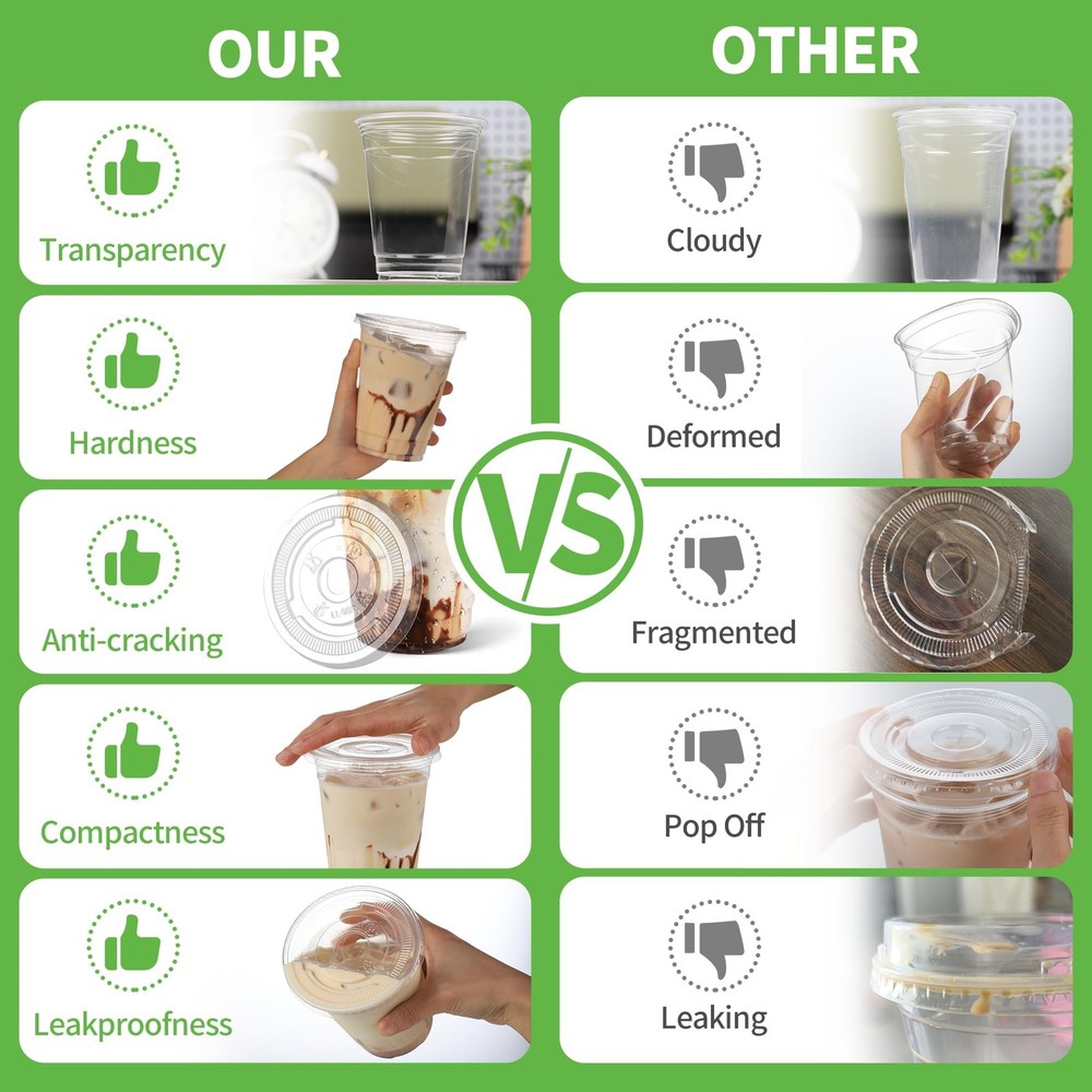 16 OZ Compostable Clear Plastic Cups Disposable Iced Coffee with Flat Lids