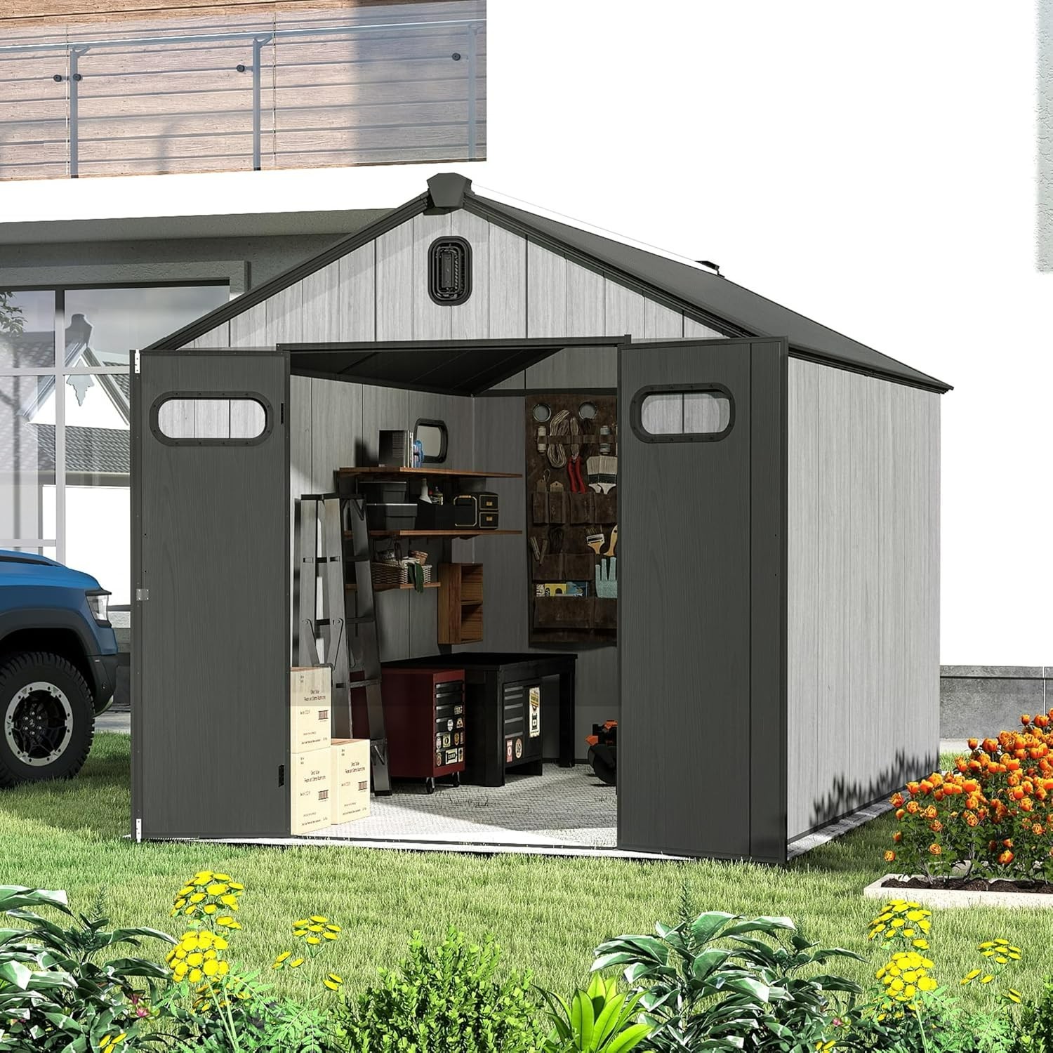 Domi 8'X12' Outdoor Resin Storage Shed,Plastic Garden Shed w/Lockable Door