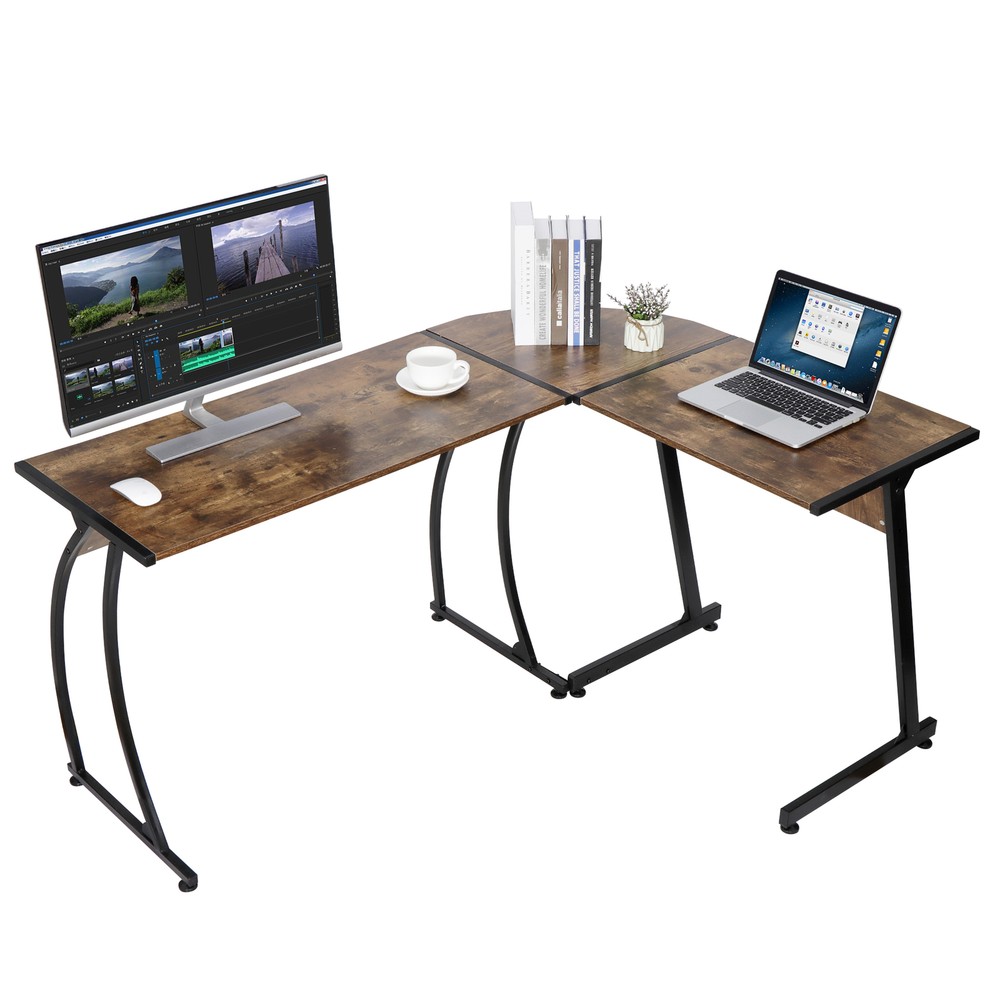 Stable L-Shaped Computer Desk Corner Desk Laptop Study Writing Table Brown