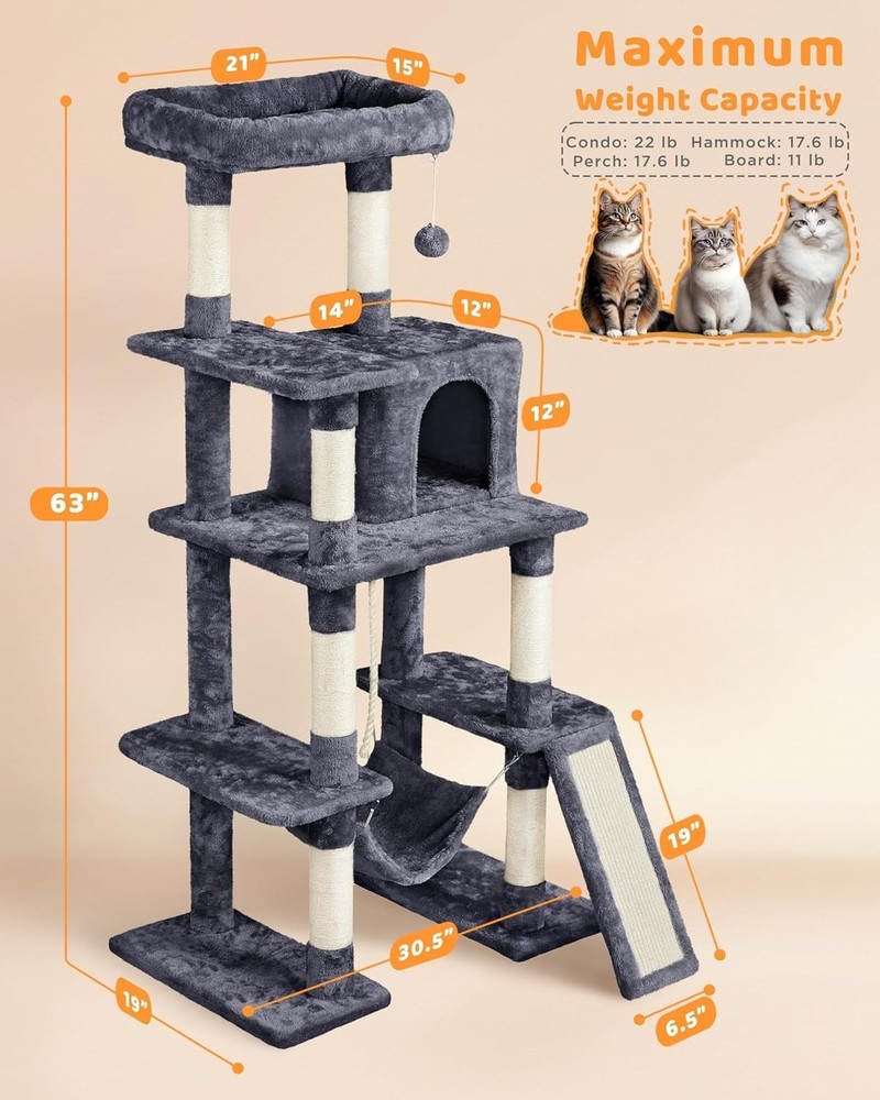 Stylish Cat Tree for All Breeds - Multi-Level 63'' Hammock & Scratching Posts