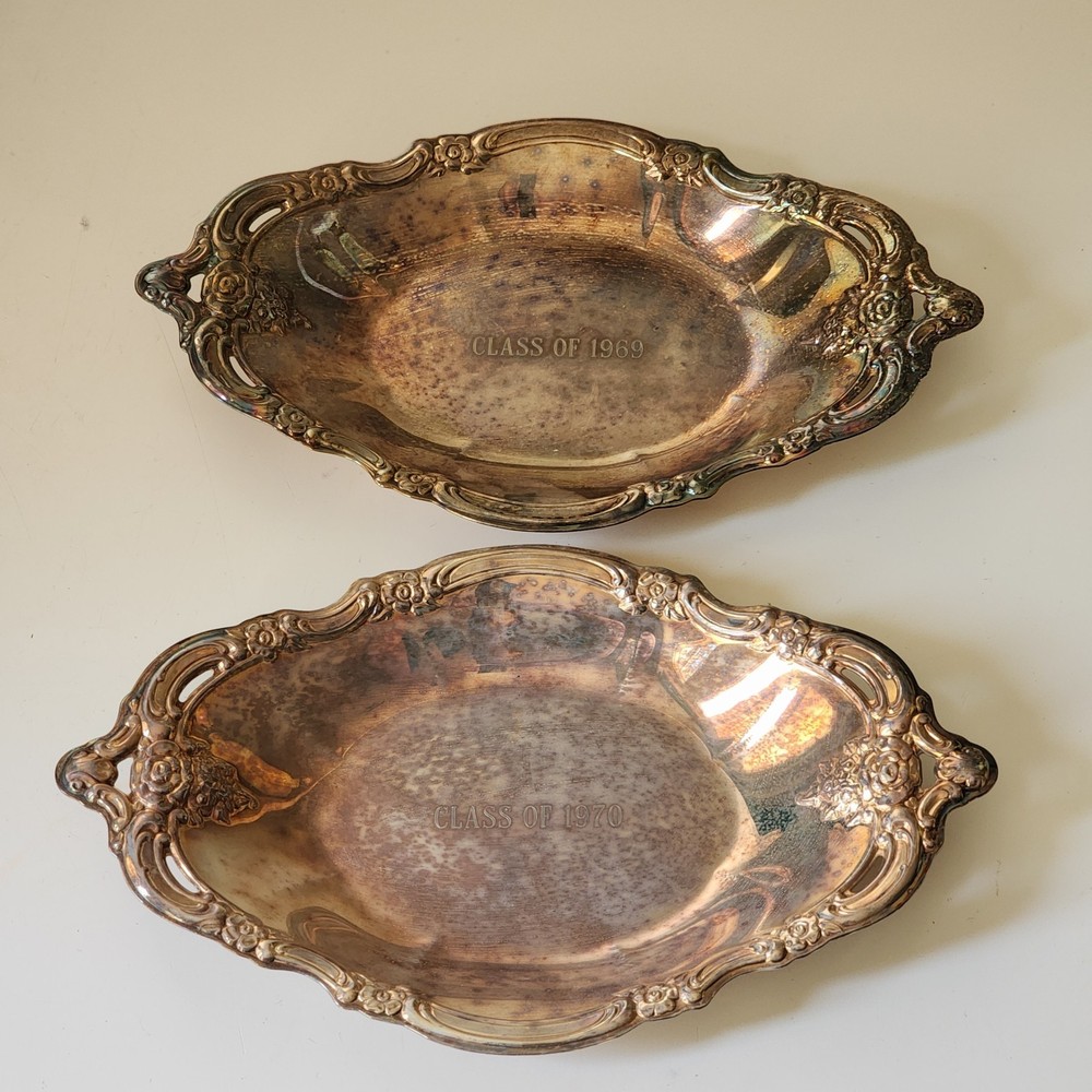 Vtg Community Silver Plate Oval Tray Set 2 Engraved Class of 1969 & 1970 Ornate