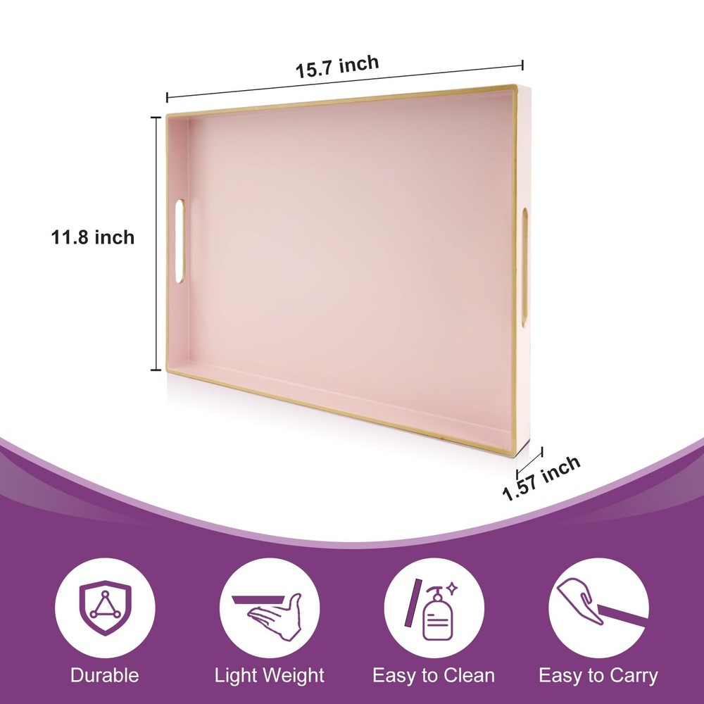 Pink Large Serving Tray with Handles，Rectangular Plastic Elegant Decorative C...