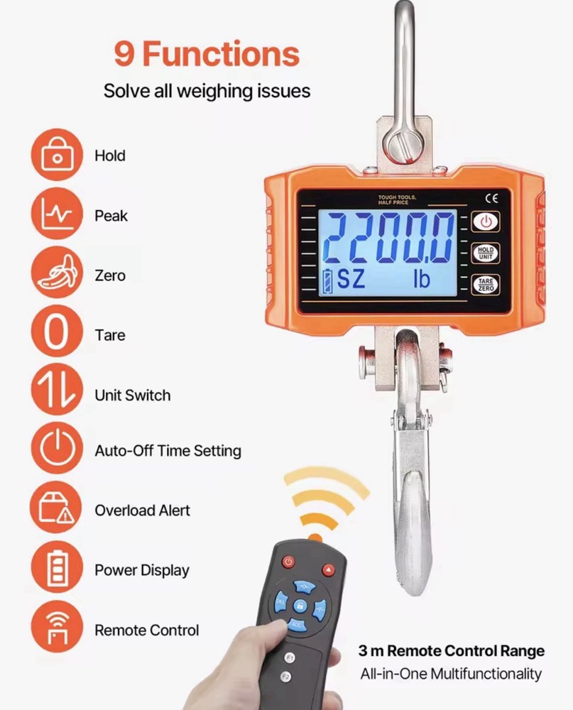 TOUGH TOOLS - Hanging Scale 2200lb Remote Control Backlit Display Auto-Off