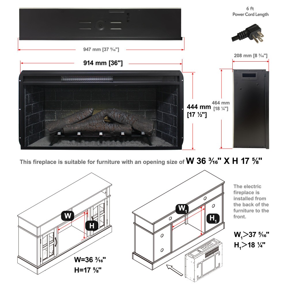 36" Infrared Electric Fireplace Insert w/ Touch Panel & Remote