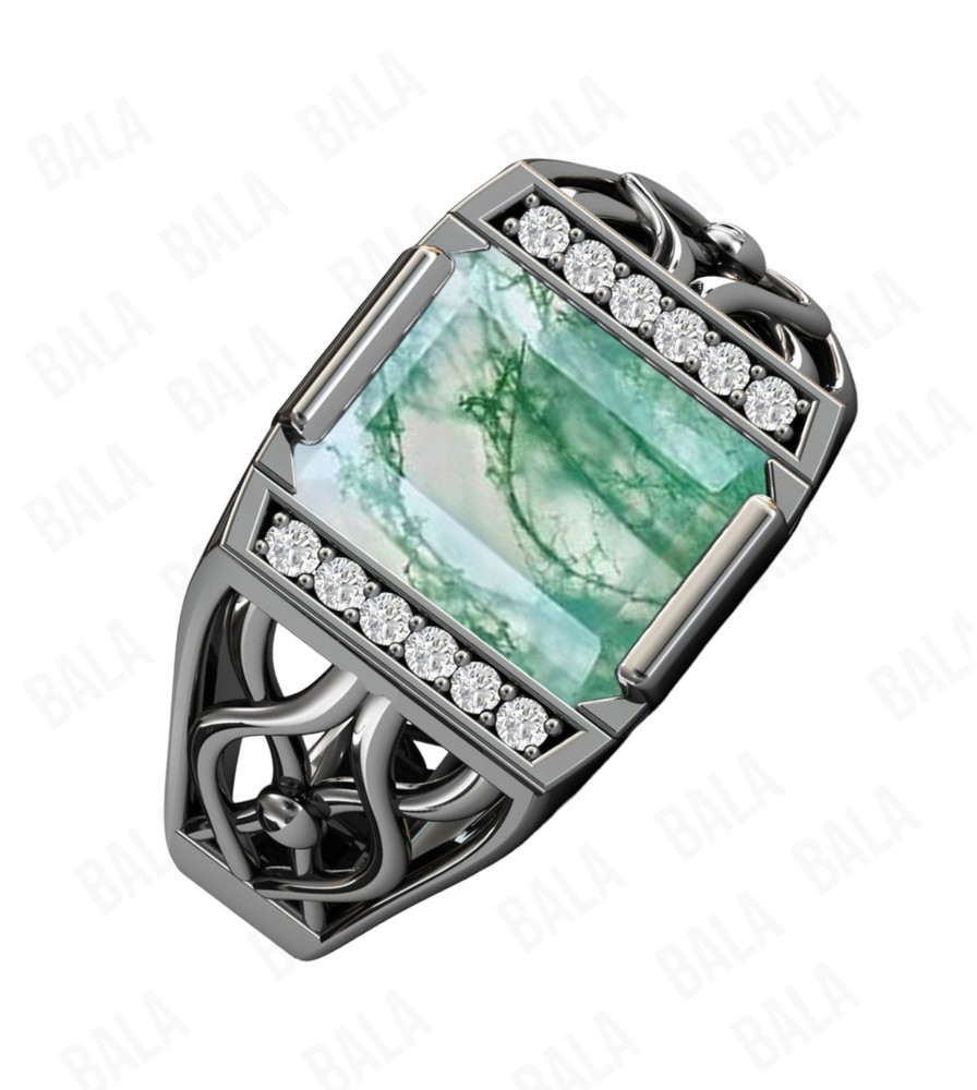 Handmade 925 Sterling Silver Moss Agate Ring, Rectangular Gothic Statement Ring