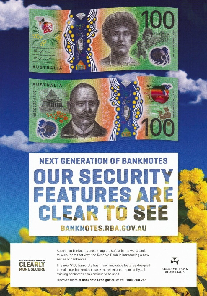 AUSTRALIA NEW $100 2020 RBA Security Info Sheet -Folded