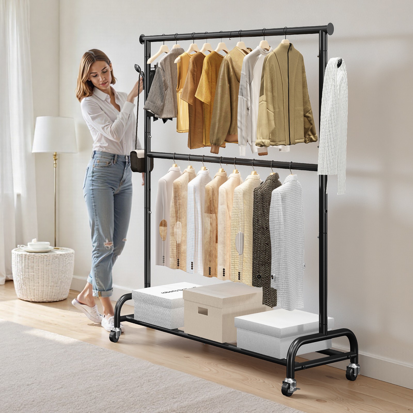 Uimoso Rolling Clothes Garment Rack with Wheels Adjustable Crossbar Side Hooks