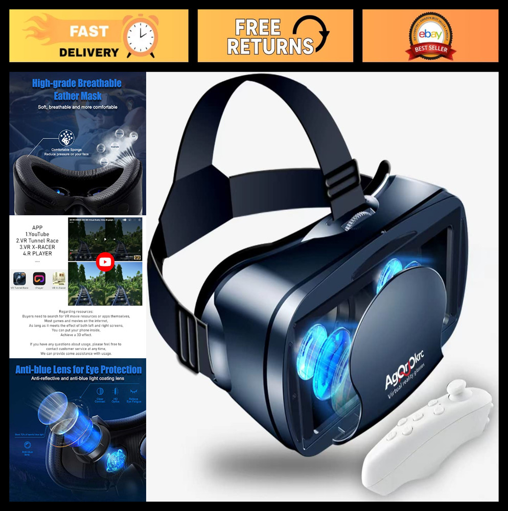 Adjustable 3D VR Headset with Controller - HD Virtual Reality Glasses for 5-7" P