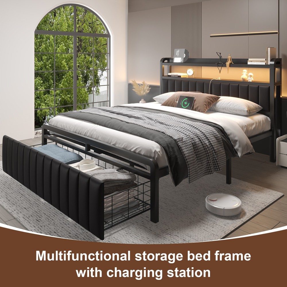 Full Queen Size Metal Platform Bed Frame with Drawer&LED&Charging Headborad