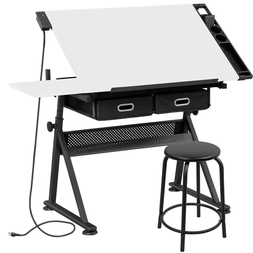 Drafting Drawing Table Adjustable Art Craft Desk w/Charging Station Stool White