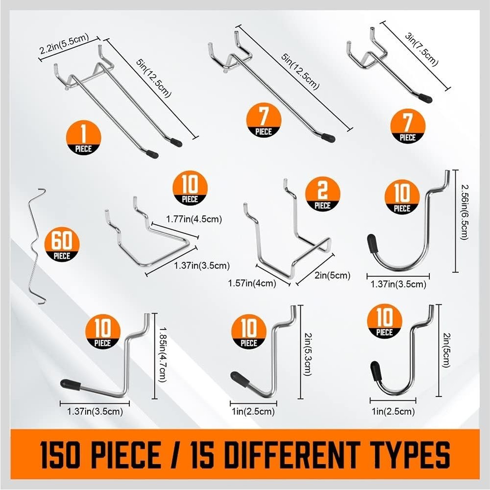 150 pcs Heavy Duty Pegboard Hooks Set Chrome Assortment for Garage Workshop