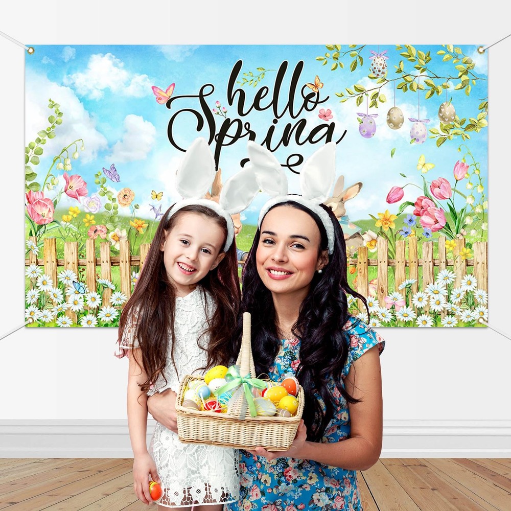 Hello Spring Backdrop Easter Party Banner Greenery Spring Festival Easter Pho...