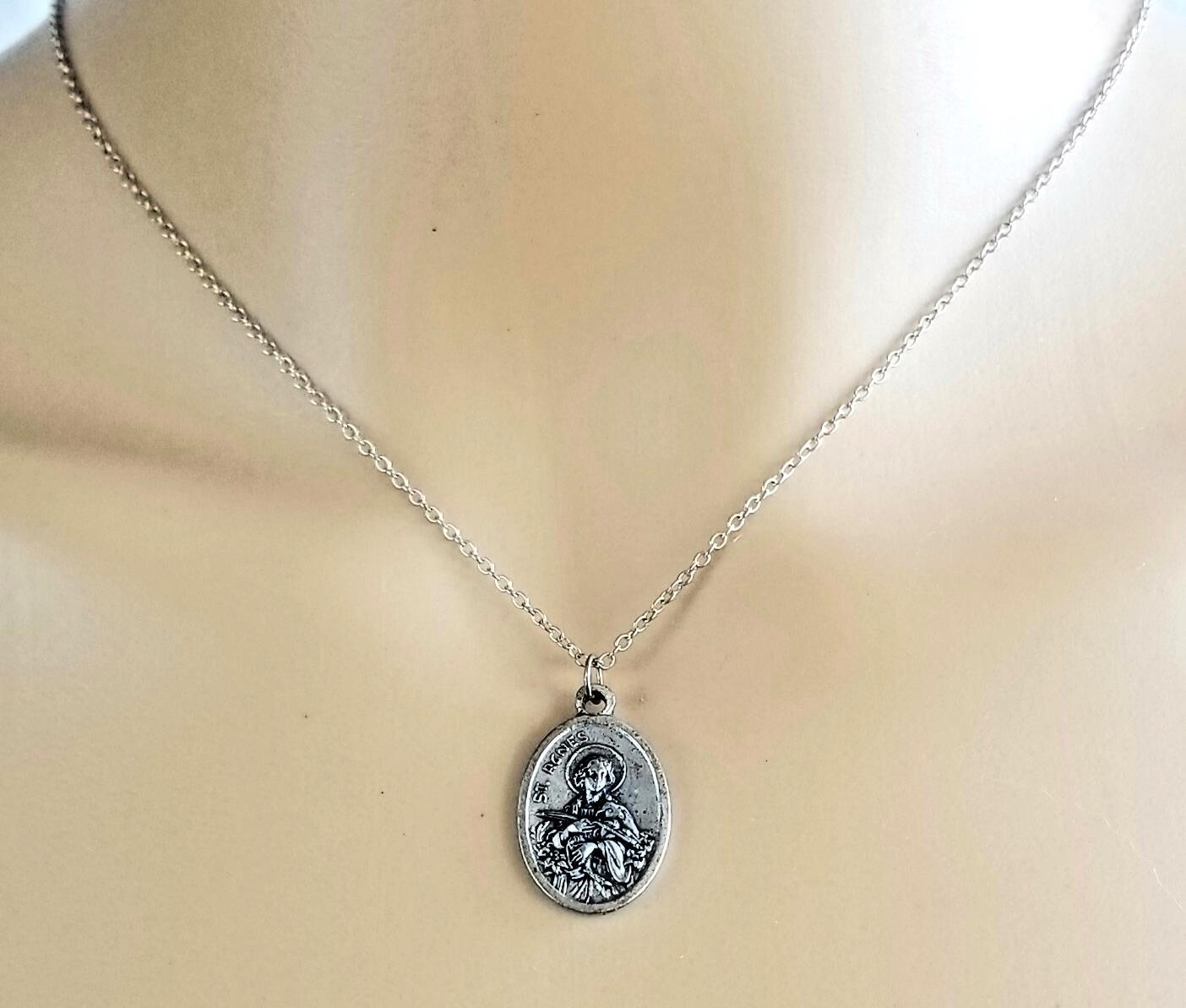 Vtg St Agnes Medal 925 Sterling Silver Chain Saint Pendant Necklace 18" Italy