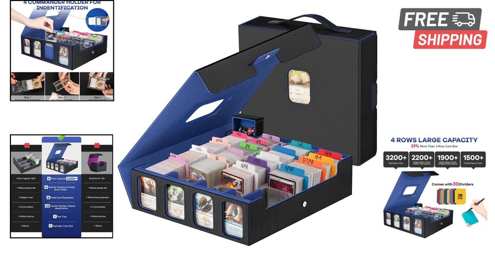 3200+ Trading Card Storage Box with Handle & 4 Display Windows, Black