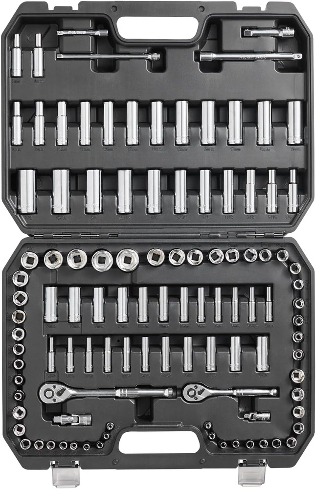 Socket Set, 1/4" and 3/8" Drive Socket and Ratchet Set, 6-Point Socket Opening,
