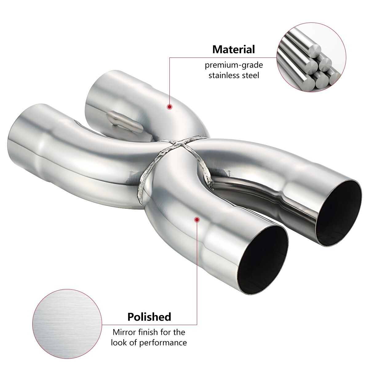 Stainless Steel Polished X-Pipe 2.5" Inlet, 2.5" Outlet, 12" Overall Length
