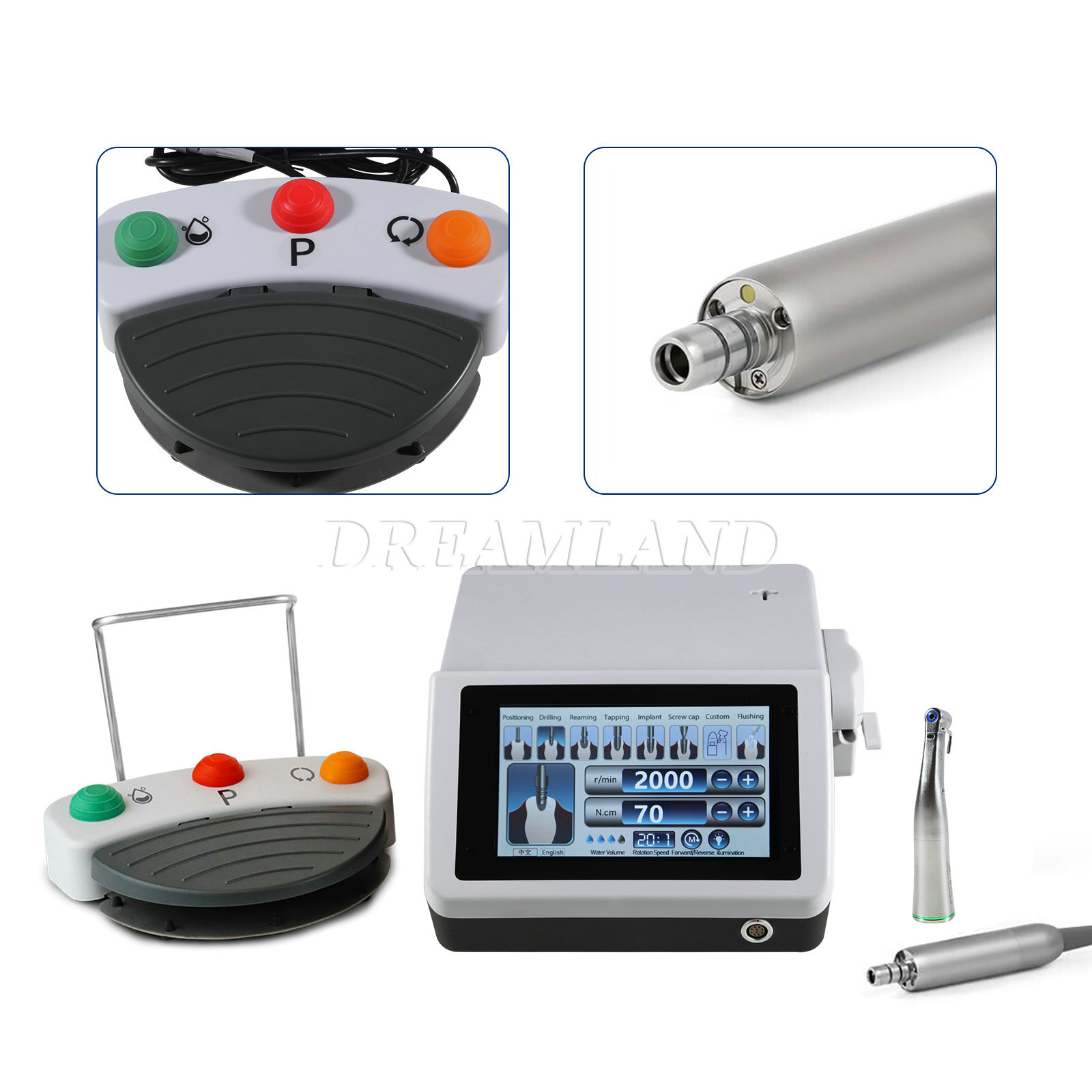 Dental Surgical Implant Motor Touch Screen w/ LED Fiber Optic 20:1 Contra Angle