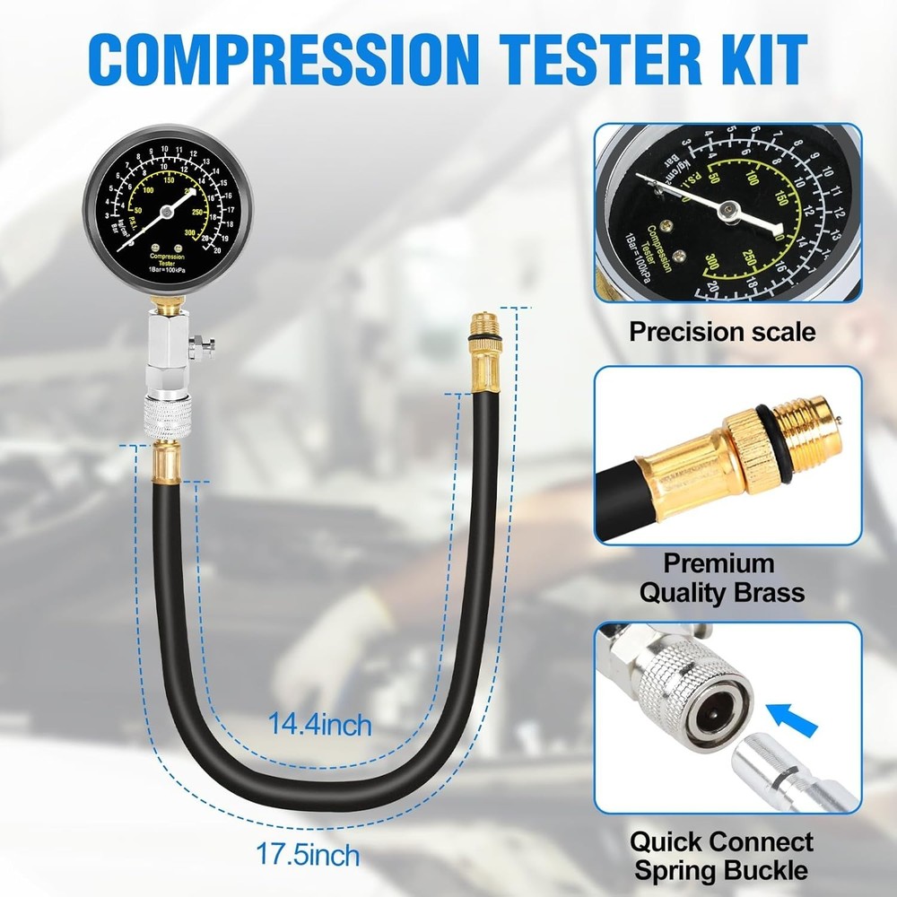 9pcs Petrol Engine Compression Tester Kit - Precision Gauge Set for Mechanics