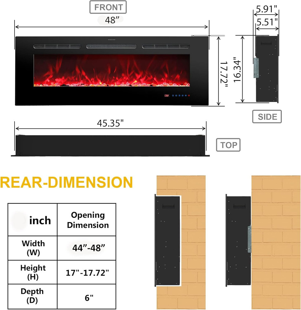 48" Electric Fireplace Insert, Wall Mounted, 13 Color Flames, Remote Control