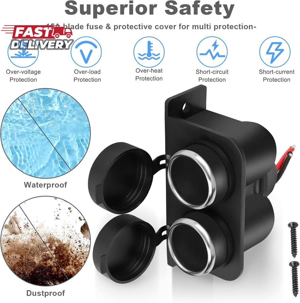 1PCS Cigarette Lighter Socket with Blade Fuse, 2-Socket Cigarette Lighter Splitt