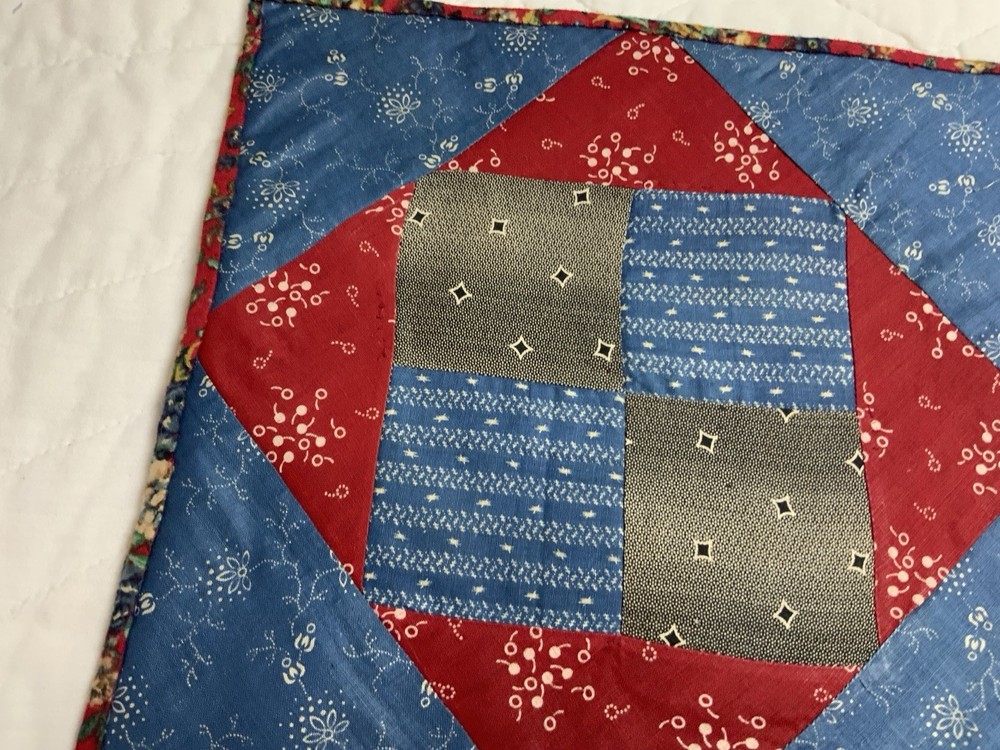 Antique Patchwork Quilt Table Topper, Four Patch W/ Triangles, Early Calicos
