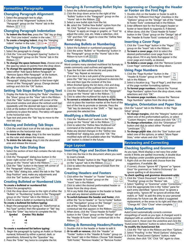 Word 2019 Training Guide Quick Reference Card 4 Page Cheat Sheet Instructions