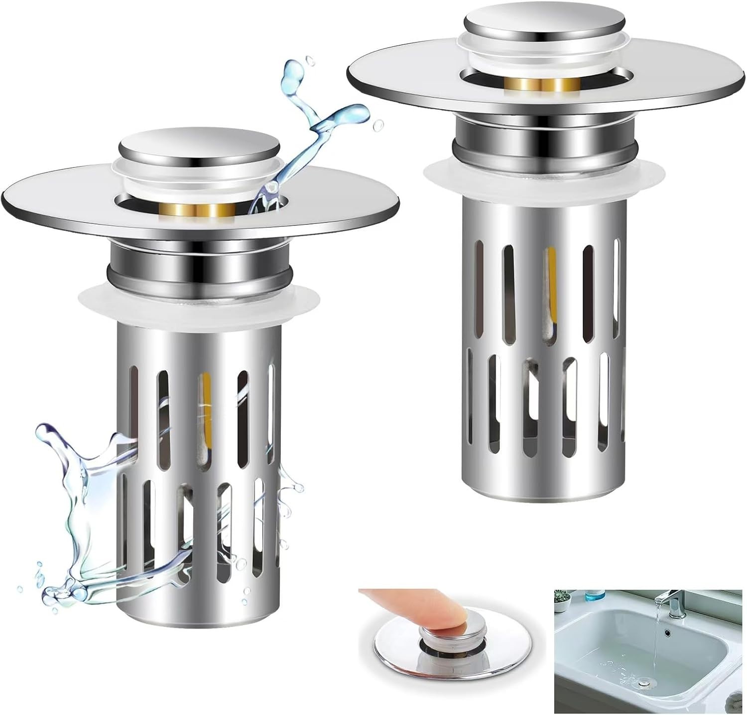 3-in-1 Bathroom Sink Plug - Rebound Pop-Up Drain Filter & Washbasin Core