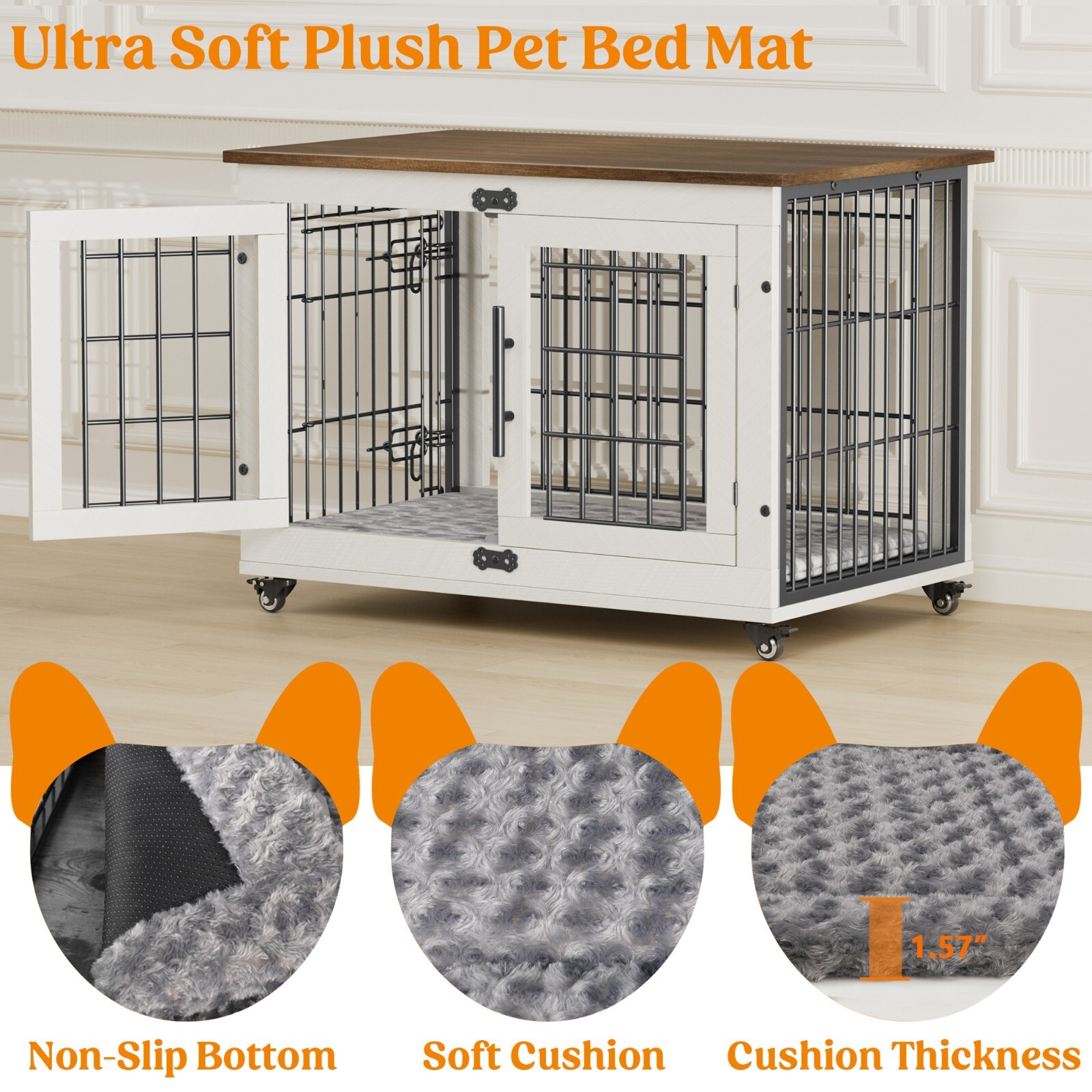 Dog Crate Furniture Dog Kennel Indoor Double Doors Wooden Cage & Cushion White