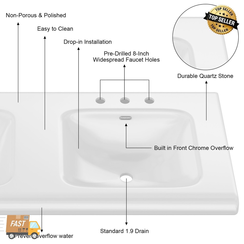 47" White Ceramic Vanity Top, Single Hole Rectangular Sink Basin w/ Faucet Hole