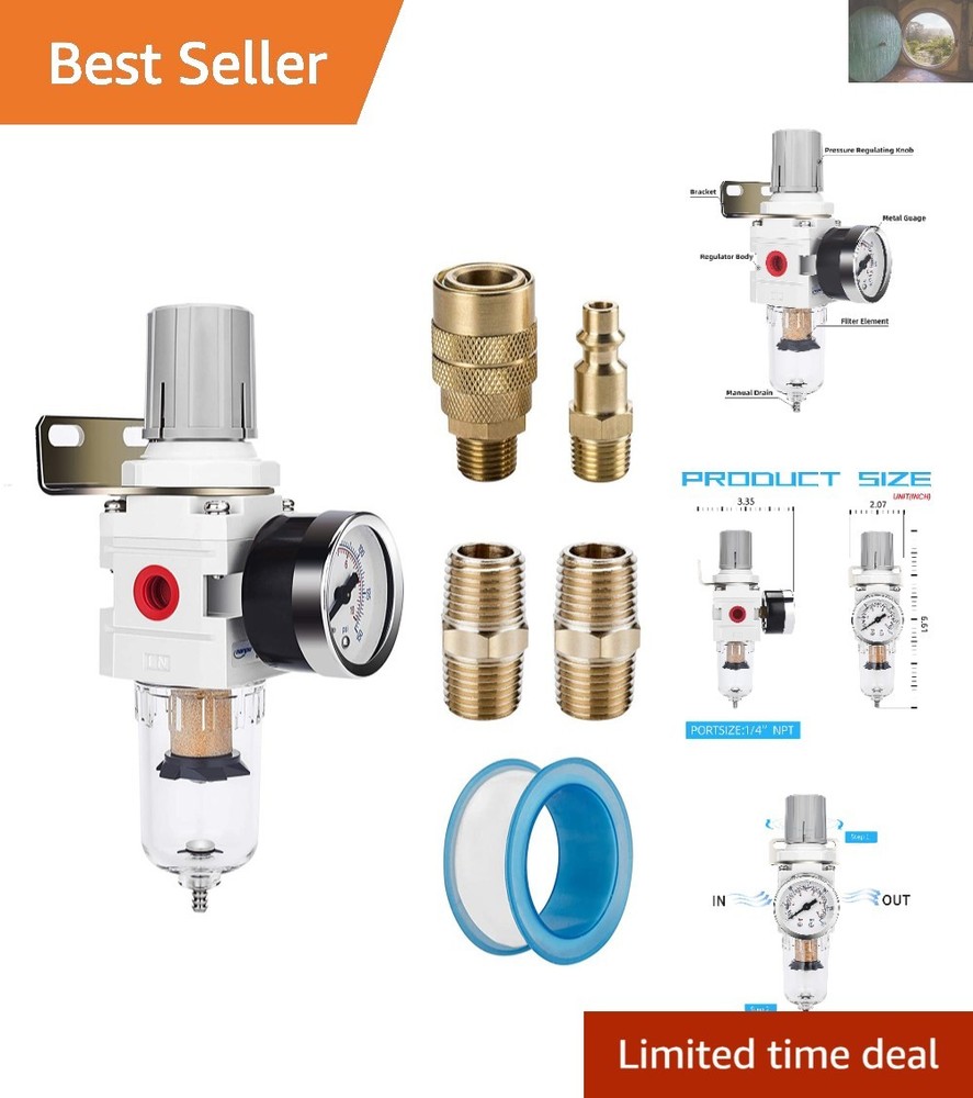 Durable Air Filter Regulator Combo - 5 Micron Bronze Element & Easy Drain Design