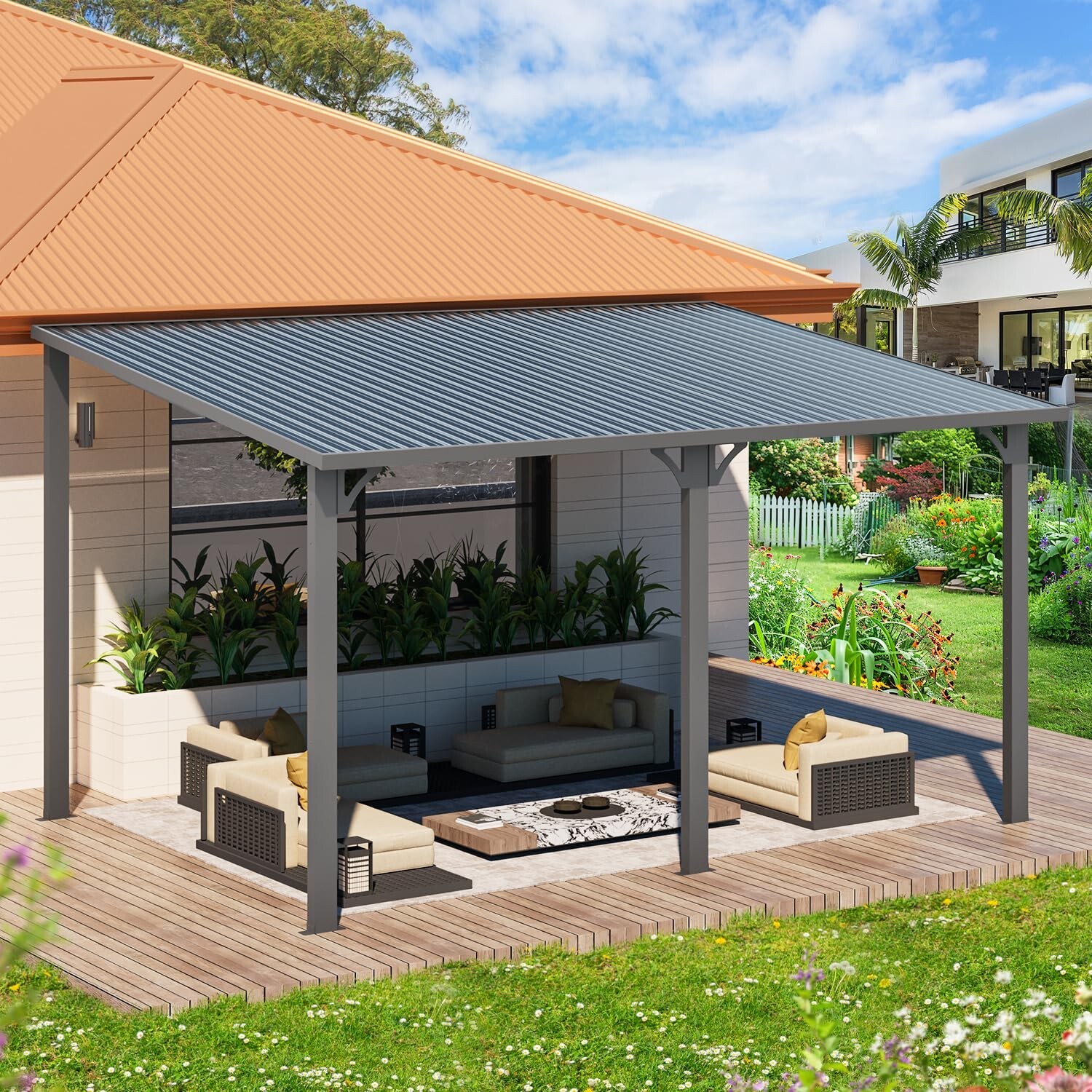 Hardtop Gazebo Outdoor Pergola Lean to Metal Pergola Galvanized Steel Roof Patio