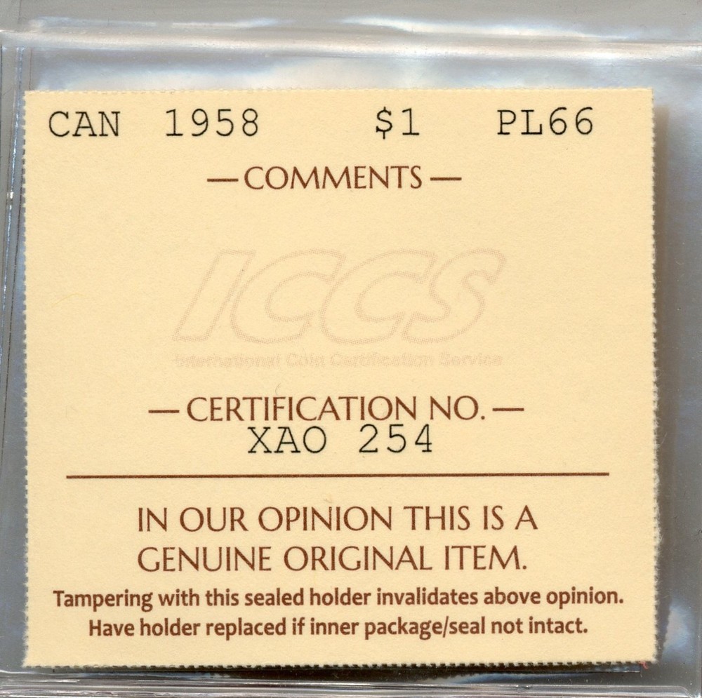 1958 Canada $1, Gem Proof-Like, ICCS PL66